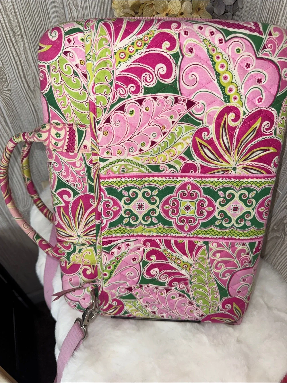 Vera Bradley Pink Floral Paisley Laptop Bag with Green Accents